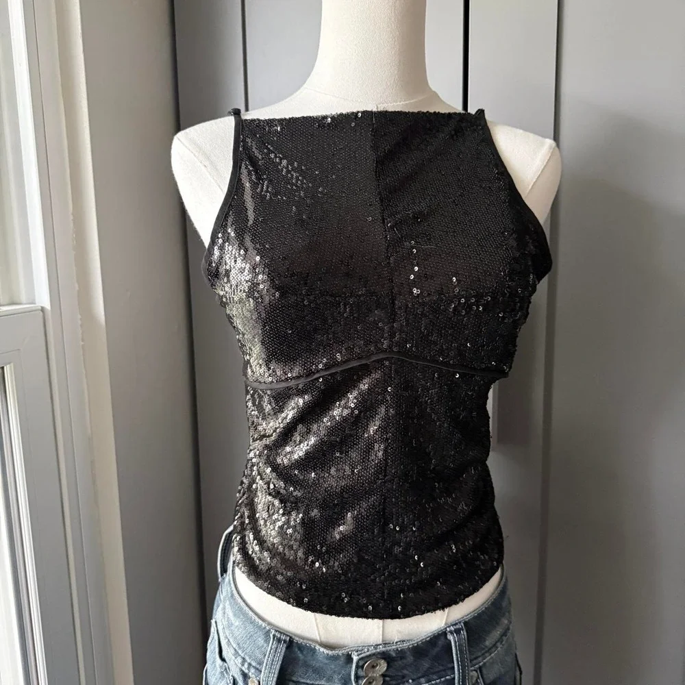 Free People Women's Sequin Open Back Tank, Size Small, Party Y2K